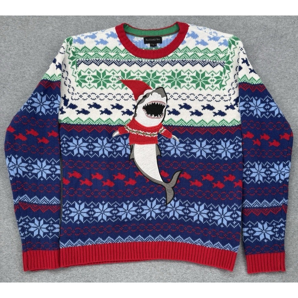 Men's Ugly‎ Christmas Sweater Shark Santa Fish Knit Large Blizzard Bay